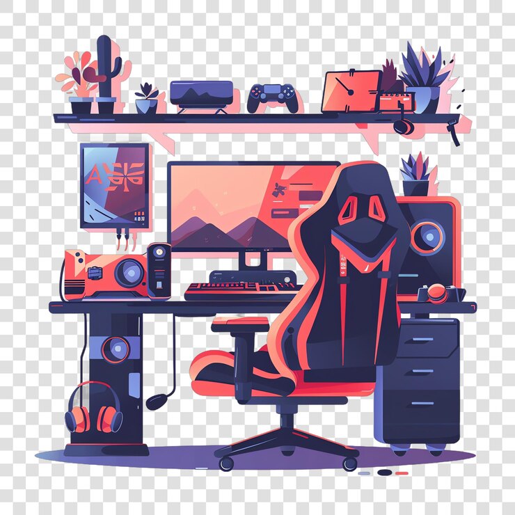 PSD advanced gaming setup realistic photo isolated on transparent background