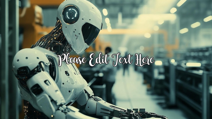 PSD advanced humanoid robot working on an assembly line in a futuristic factory