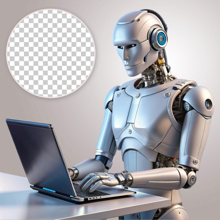 PSD advanced robot using laptop on transparent background