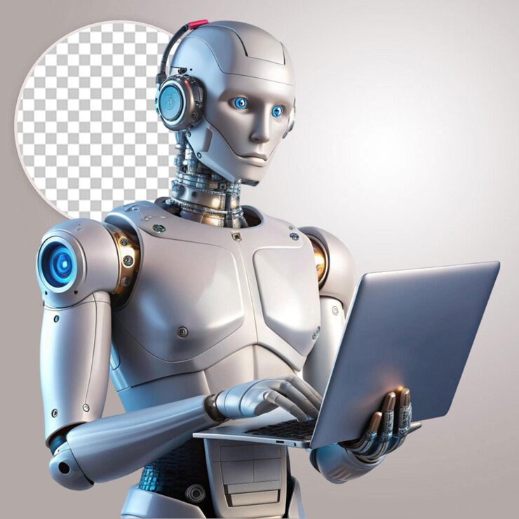 PSD advanced robot using laptop on transparent background