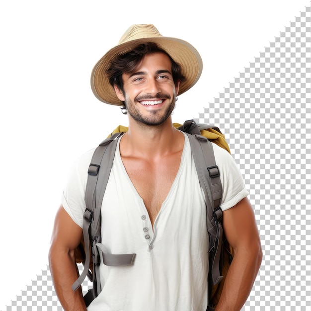 Adventure tourist with hat and backpack