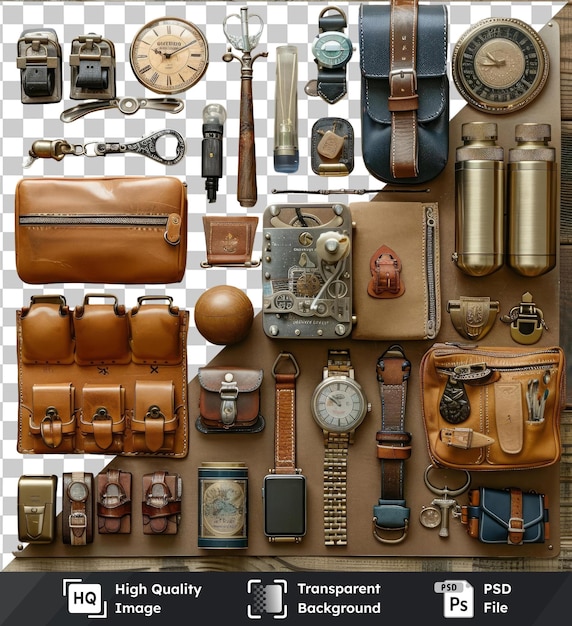 PSD adventure travel essentials set up on a wooden table including a brown leather wallet silver watch and brown leather purse