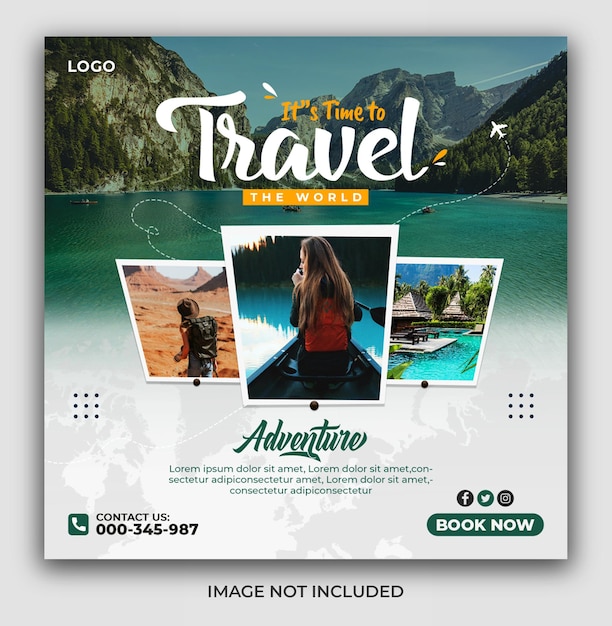 Adventure travel and tours social media instagram post or horizontal banner or flyer design template