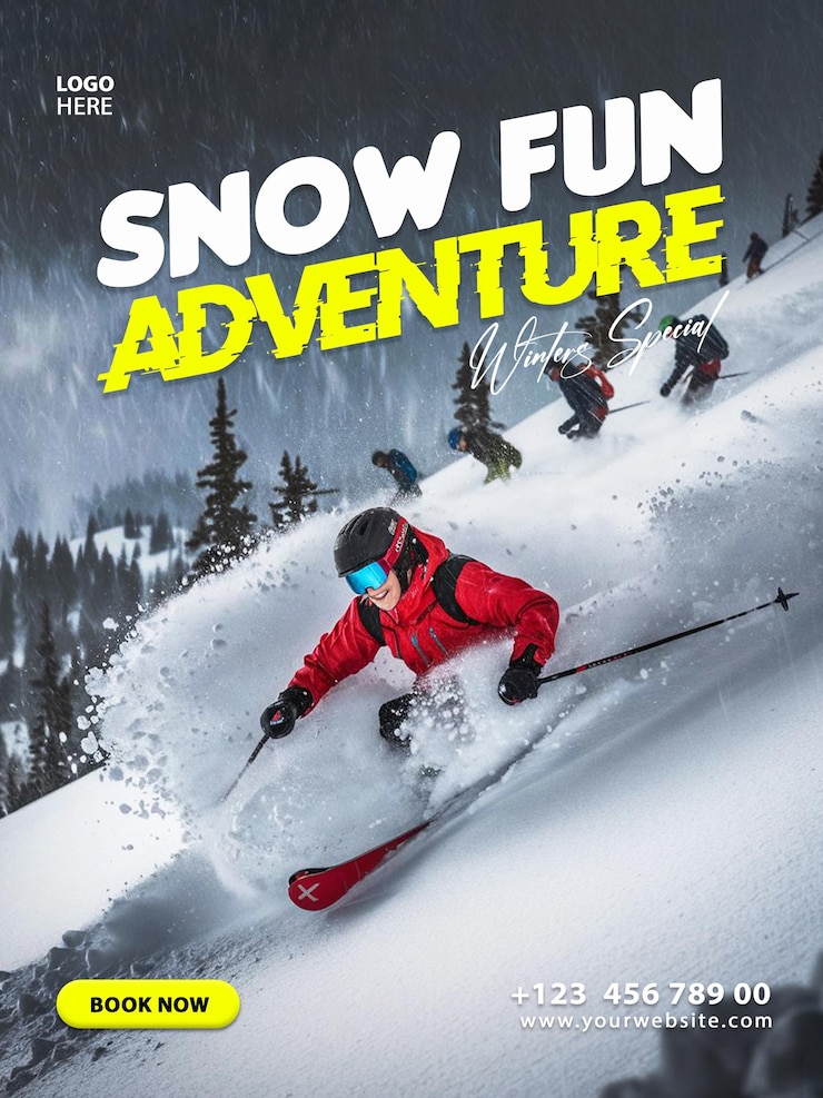 PSD adventure winter snow sports mountain business flyer 3d poster voor sociale media post template design
