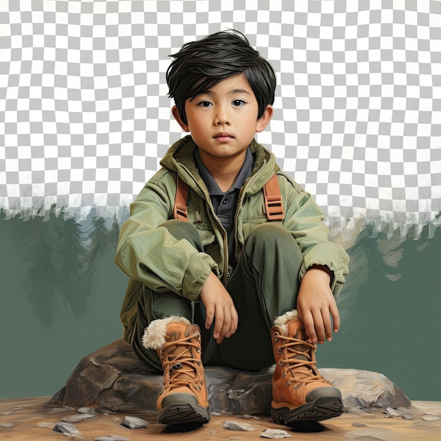 PSD 冒険的な幼稚園の少年 東アジアの短 ⁇ のハイキング衣装 座っているスタイルのポーズ パステル緑の山の背景