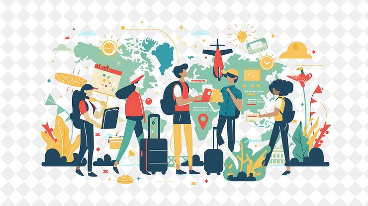 PSD adventurous travel agent with characters exploring and booki png people in daily work illustration
