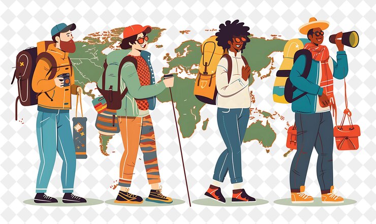 PSD adventurous traveler with characters exploring new places an png people in daily work illustration