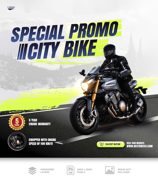 PSD advertenties voor verkoop van fietsen of motorfietsen op sociale media