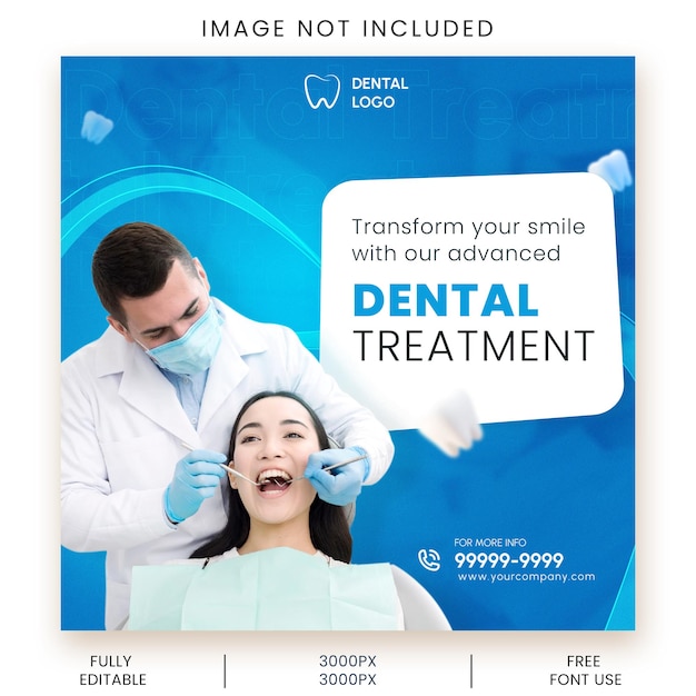 An advertisement for a dental treatment with patient sitting on dental chair and dentist