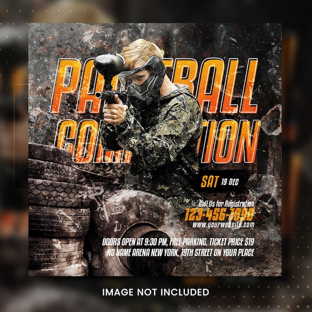 PSD an advertisement for a paintball celebration with a picture of a man in a mask.