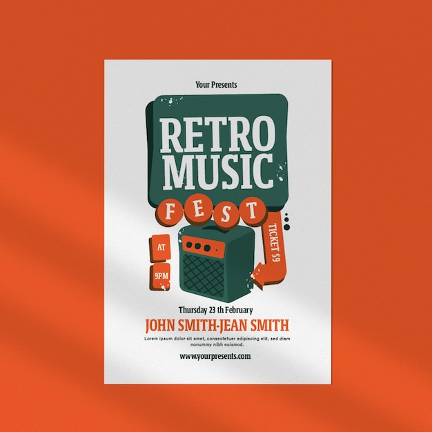 an advertisement for retro music fest is displayed on an orange background.