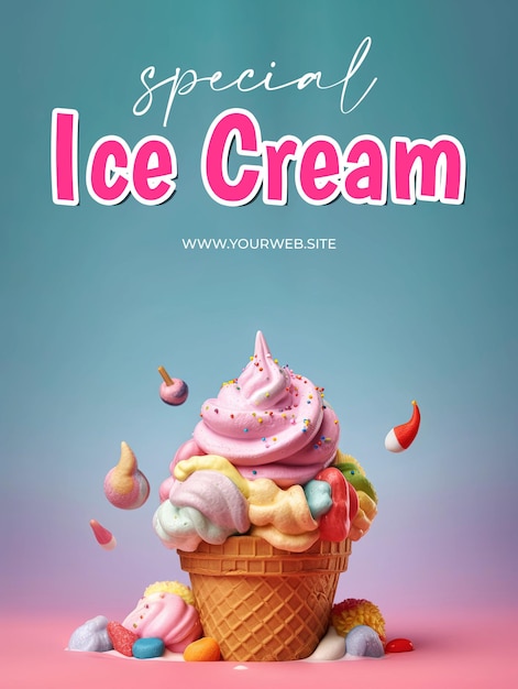 PSD an advertisement for special ice cream with a pink and blue background.