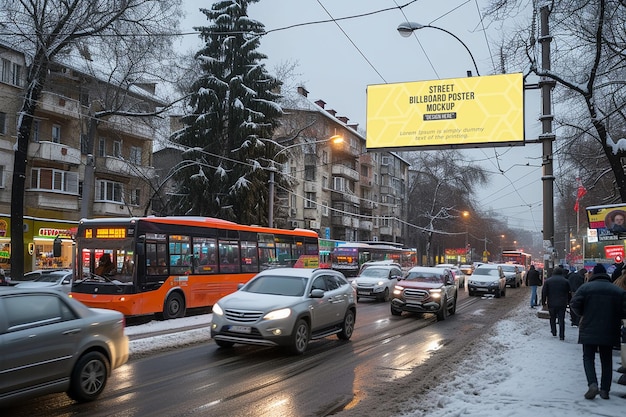 Modello di cartellone pubblicitario con due lampade vicino al marciapiede in città