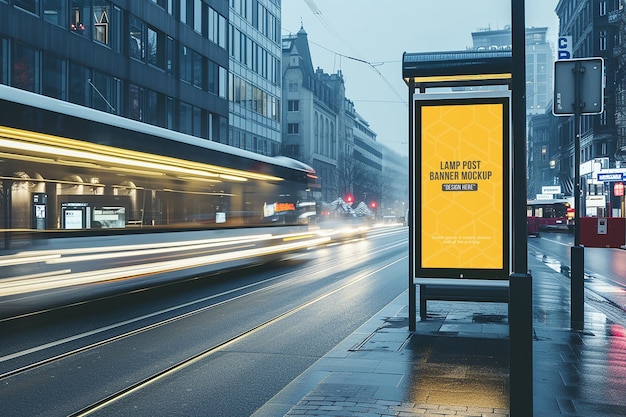 PSD Рекламный рекламный щит с двумя лампами возле тротуара в городе