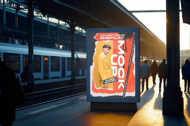 PSD advertising display at train station mockup