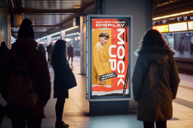 PSD advertising display at train station mockup