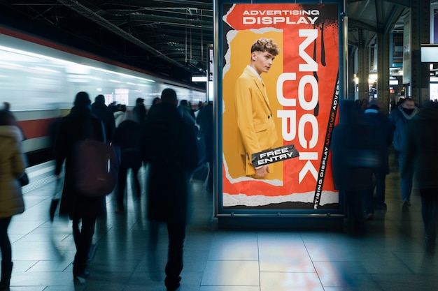PSD advertising display at train station mockup