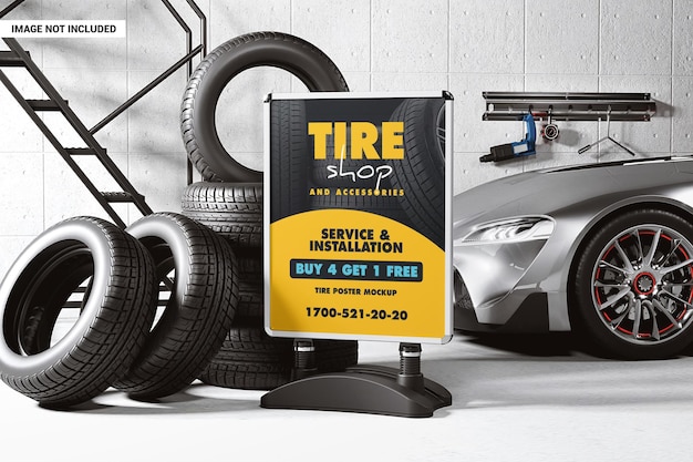 Advertising stand in a tire workshop mockup