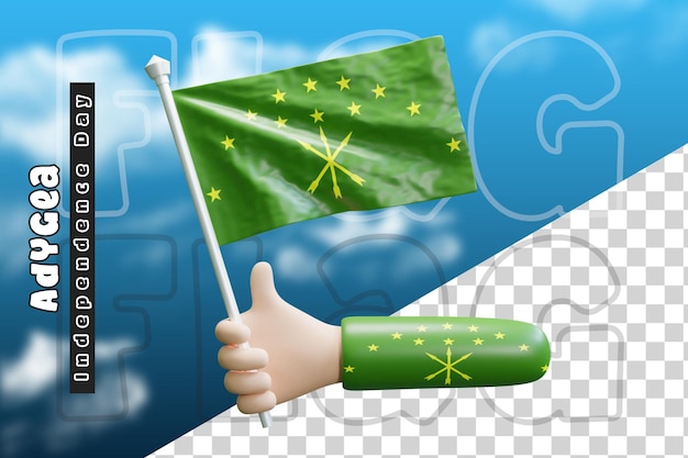 Adygea zwaaiende vlag bij hand vasthouden of adygea vlag bij hand vasthouden