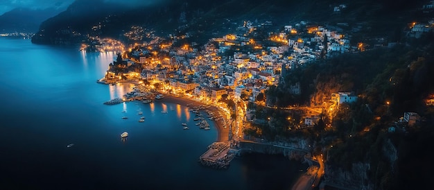 aerial night view of coastal town