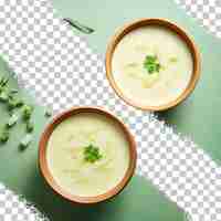 PSD aerial photo of two delicious vichyssoise soups on transparent backgrounden table with leek