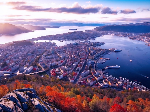 PSD aerial shot of the view of bergen city from mount flyen norway