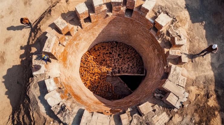 PSD aerial view of ancient brick well restoration a captivating aerial