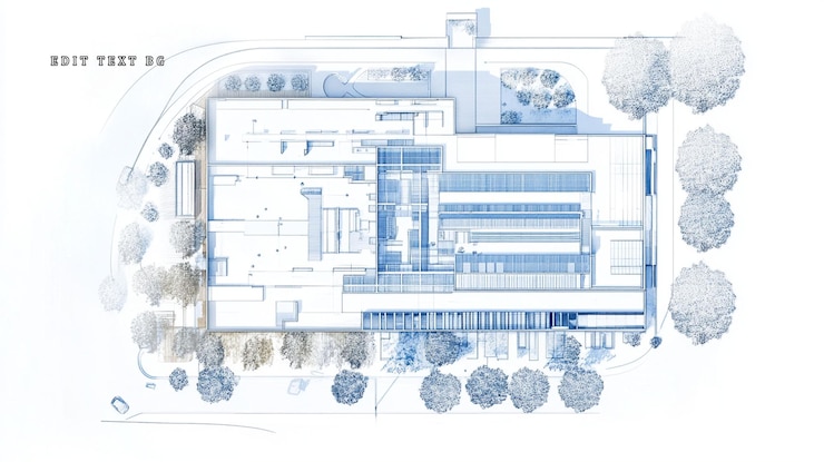 PSD aerial view of a buildings blueprint with surrounding trees and landscaping