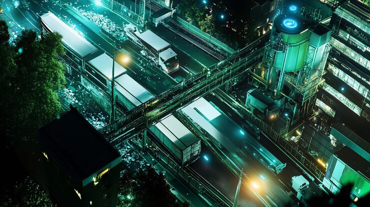 PSD aerial view of a busy highway intersection at night with trucks buses and cars traversing multiple lanes urban cityscape with illuminated roads and buildings