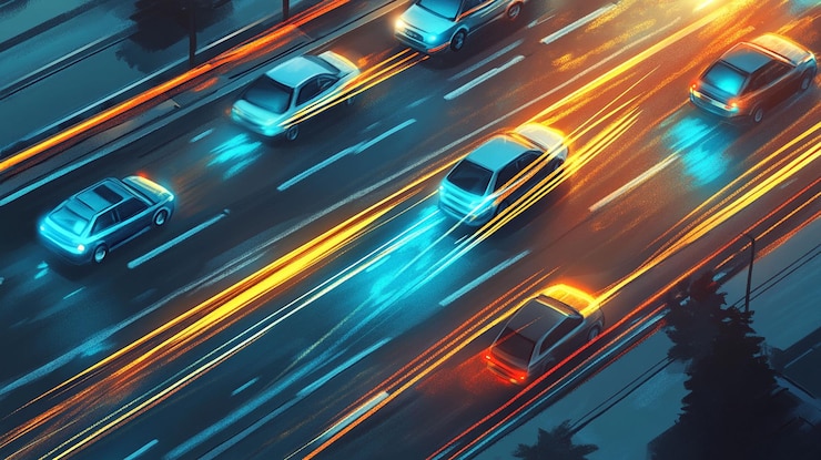 PSD aerial view of cars speeding on a highway at night with vibrant light trails