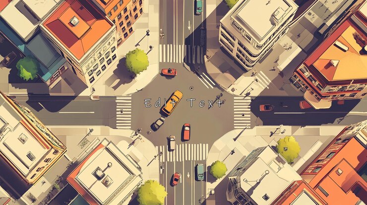 PSD aerial view of city intersection with cars and buildings
