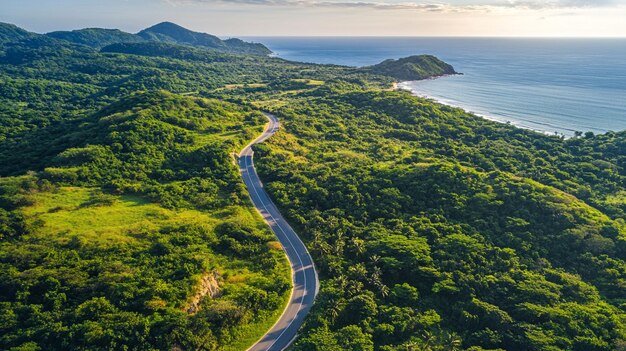 aerial view of coastal highway winding through lush green hills and ocean