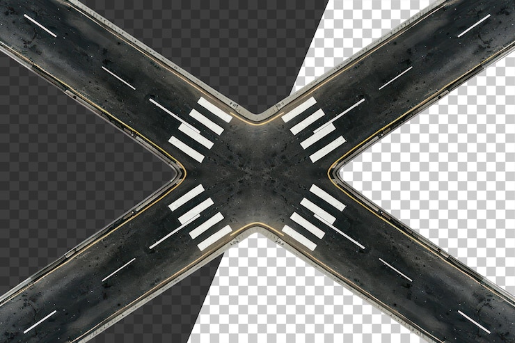 PSD aerial view of crossroad traffic and pedestrian lines on transparent background stock png