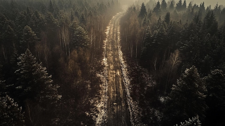 PSD aerial view of a forest road in winter with fog and snow