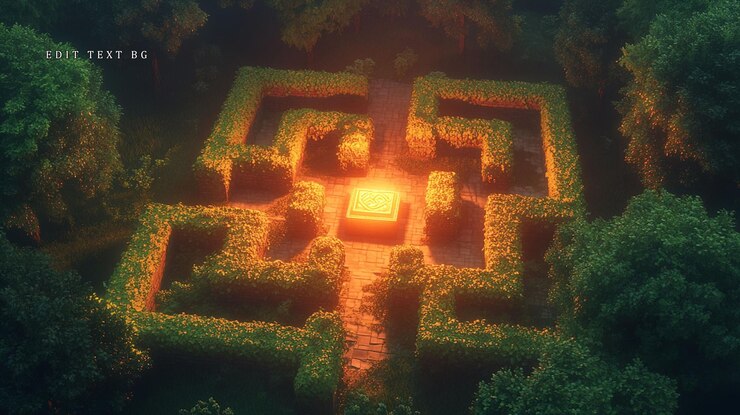 PSD aerial view of a glowing square in the center of a hedge maze at night