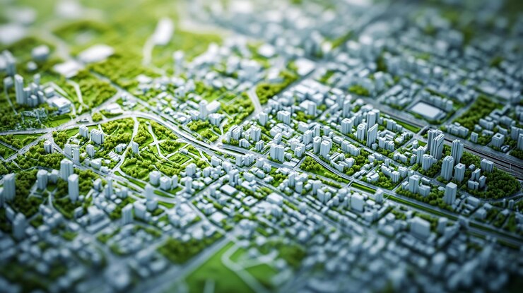 PSD aerial view of a green city model with buildings and parks