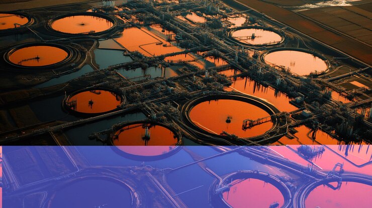 PSD aerial view of industrial complex with large circular tanks and pipelines