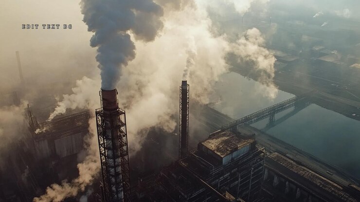 PSD 一座工業廠在河上向大氣排放煙霧和污染的空中圖像