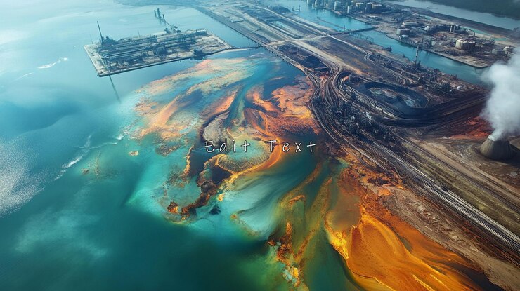 PSD aerial view of industrial pollution in a waterway