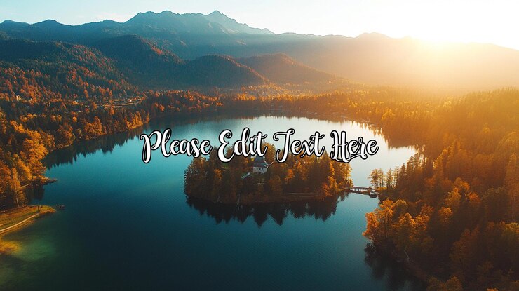 PSD aerial view of island church on calm lake at sunrise surrounded by autumnal trees and mountains