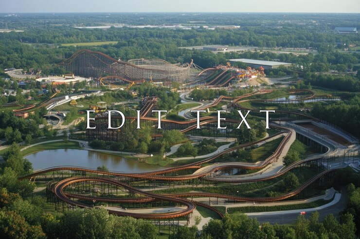 PSD aerial view of a large amusement park with rollercoasters rides and green spaces