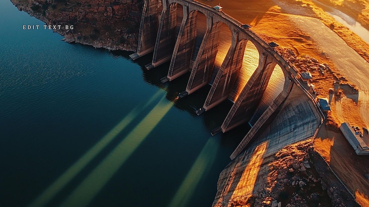 PSD aerial view of a large dam and reservoir at sunset