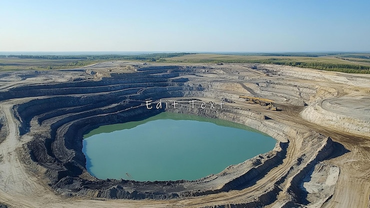 PSD aerial view of a large openpit mine with a central lake