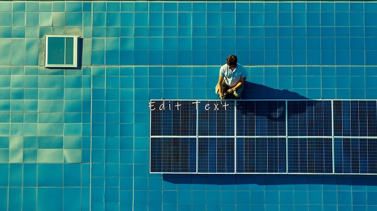 PSD aerial view of a man sitting on a rooftop solar panel