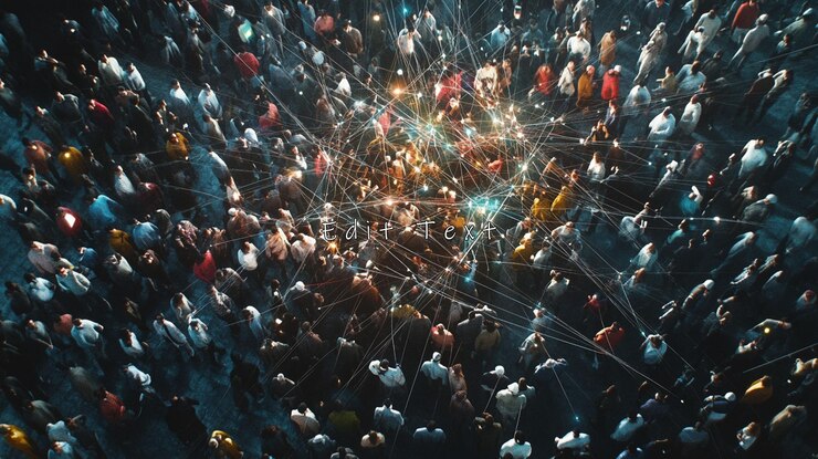 PSD aerial view of a massive crowd connected by a network of light