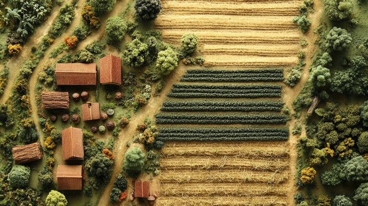 PSD aerial view of a miniature farm landscape with houses fields and trees