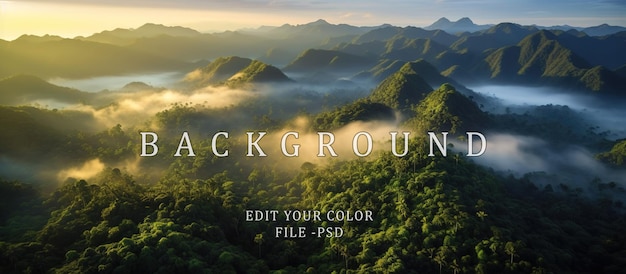 PSD aerial view of morning mist on tropical rainforest mountain sunrise background