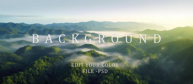 Aerial view of morning mist on tropical rainforest mountain sunrise background