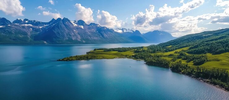 PSD aerial view of mountain lake in norway