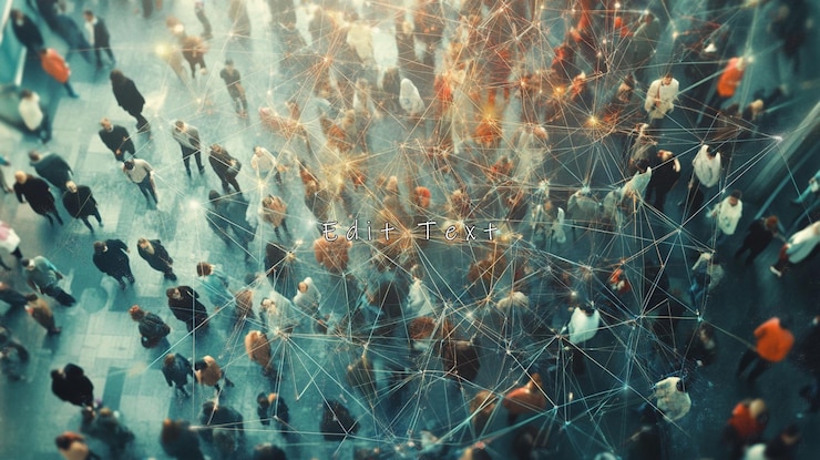PSD aerial view of diverse crowd connected by network